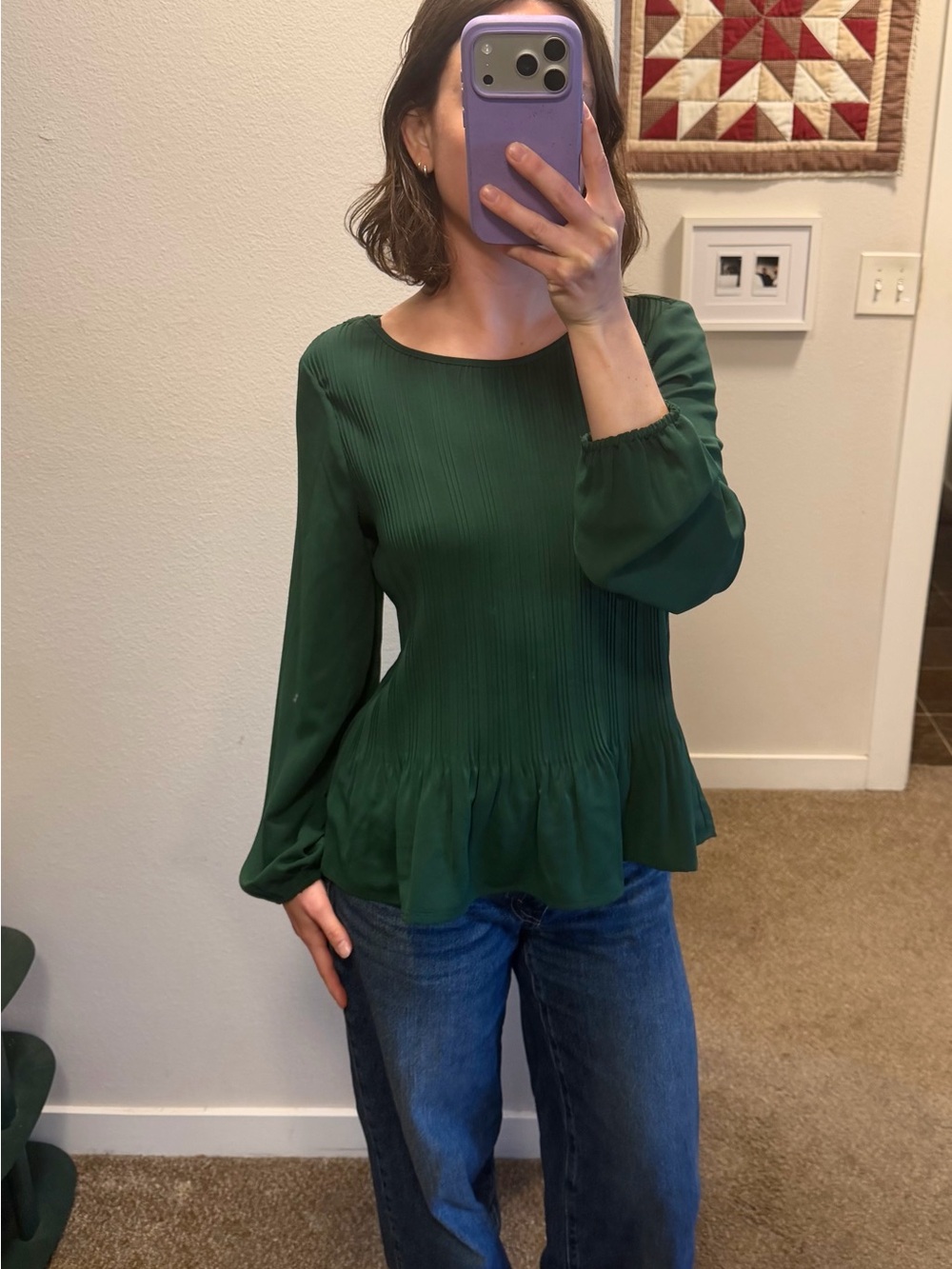 Green Pleated Drop Waist Long-Sleeve Top